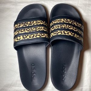 Black Adidas w/ Leopard Animal Print Slides Size 10
